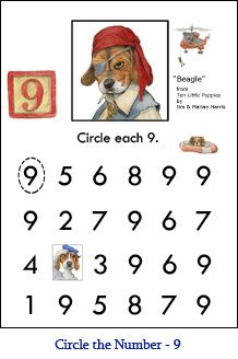 Circle the Number Worksheet  Nine (9) with Beagle puppy art and a “9” number block from the children’s picture book ‘Ten Little Puppies,’ illustrated by Jim Harris.